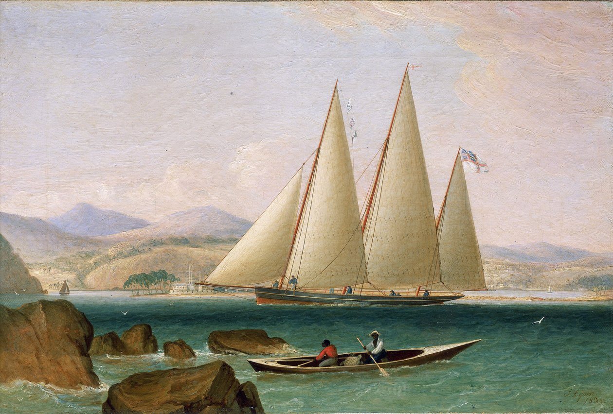 Uma escuna ao largo de Port Royal, à entrada de Kingston (Jamaica). Óleo sobre tela de John Lynn