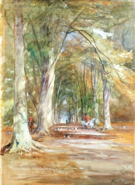 Huntsmen in a Clearing (aguarela e cor de corpo sobre papel) de John MacWhirter
