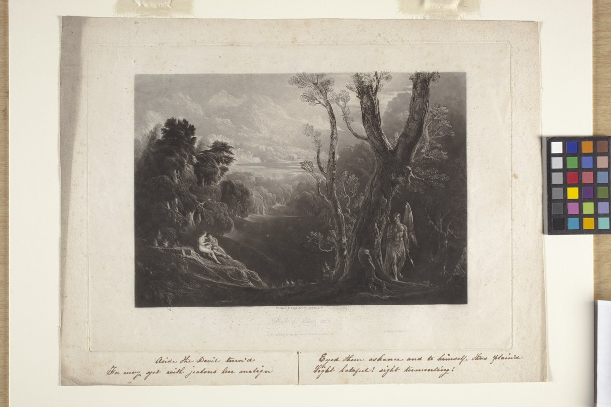 Satanás a contemplar Adão e Eva no Paraíso (mezzotint) de John Marin