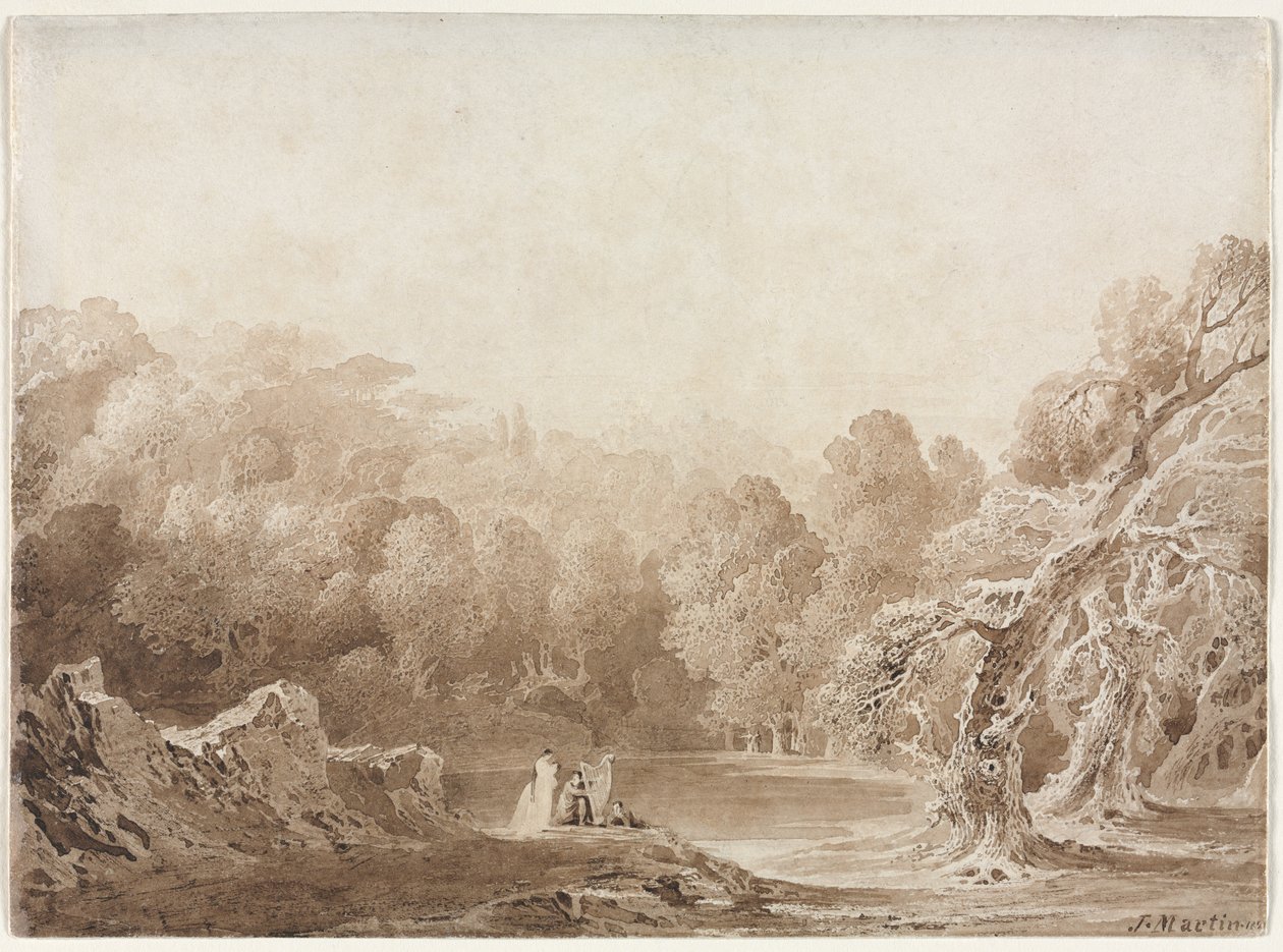 Um homem tocando harpa com outras figuras ao lado de um lago, 1820. de John Martin