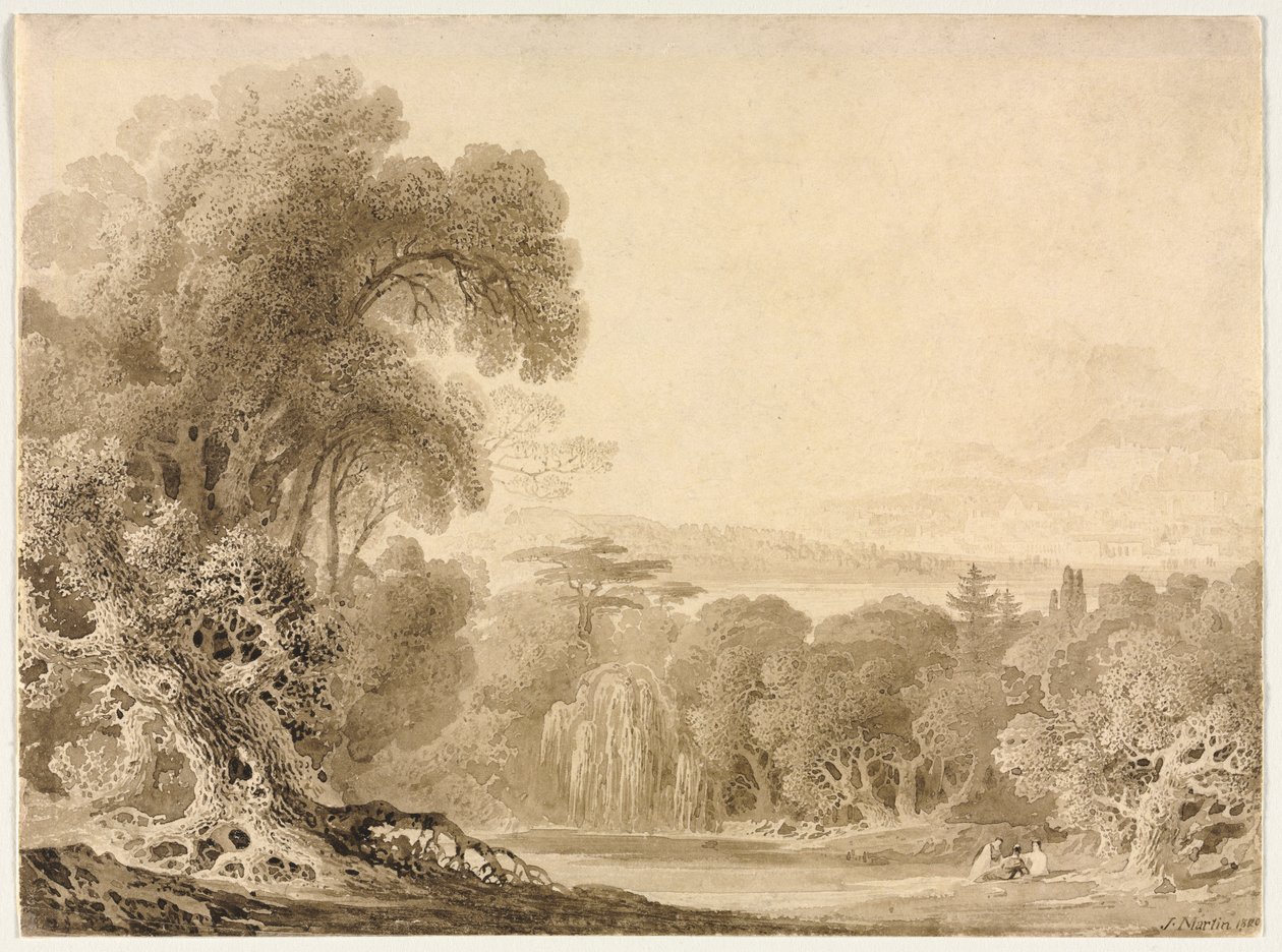 Figuras sentadas à beira de um lago em uma paisagem arborizada de John Martin
