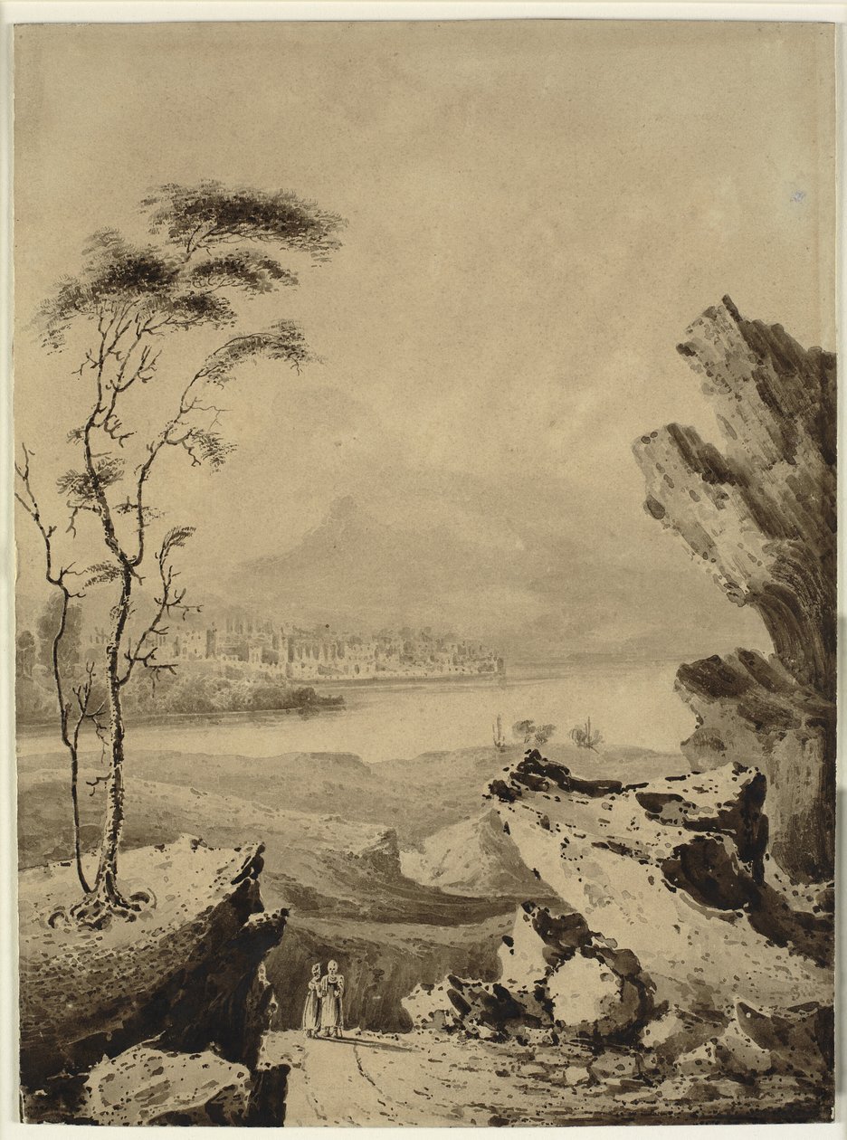 Paisagem italiana com lago e com cidade e montanhas ao fundo de John Martin