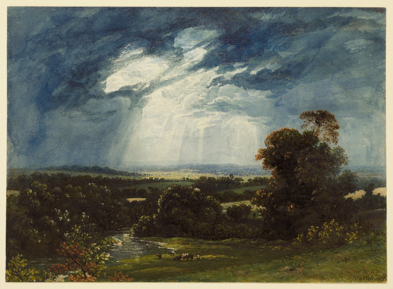 Paisagem com gado a pastar em primeiro plano de John Martin