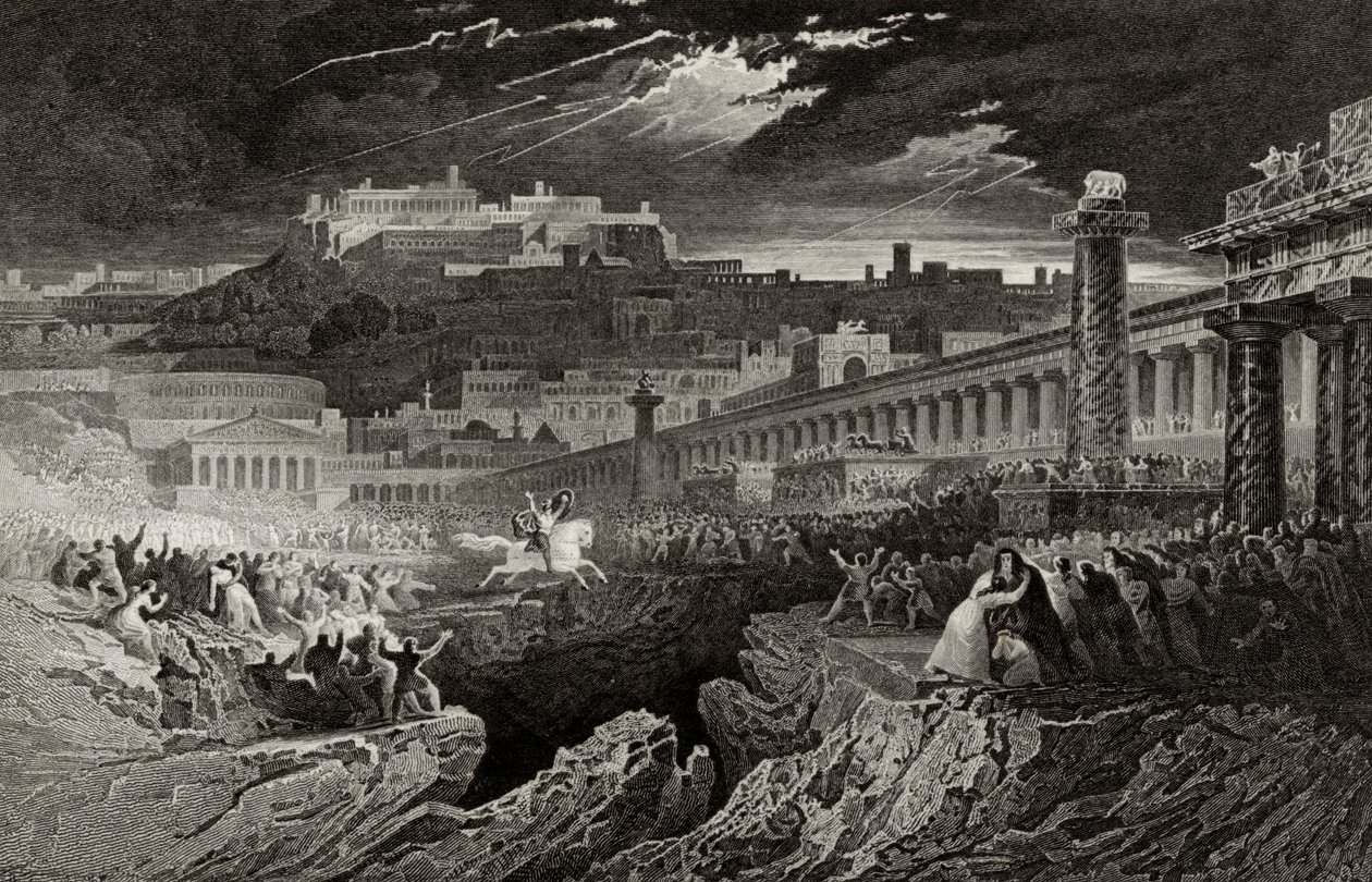 Marcus Curtius montando no abismo, gravado por H. Le Keux de John Martin