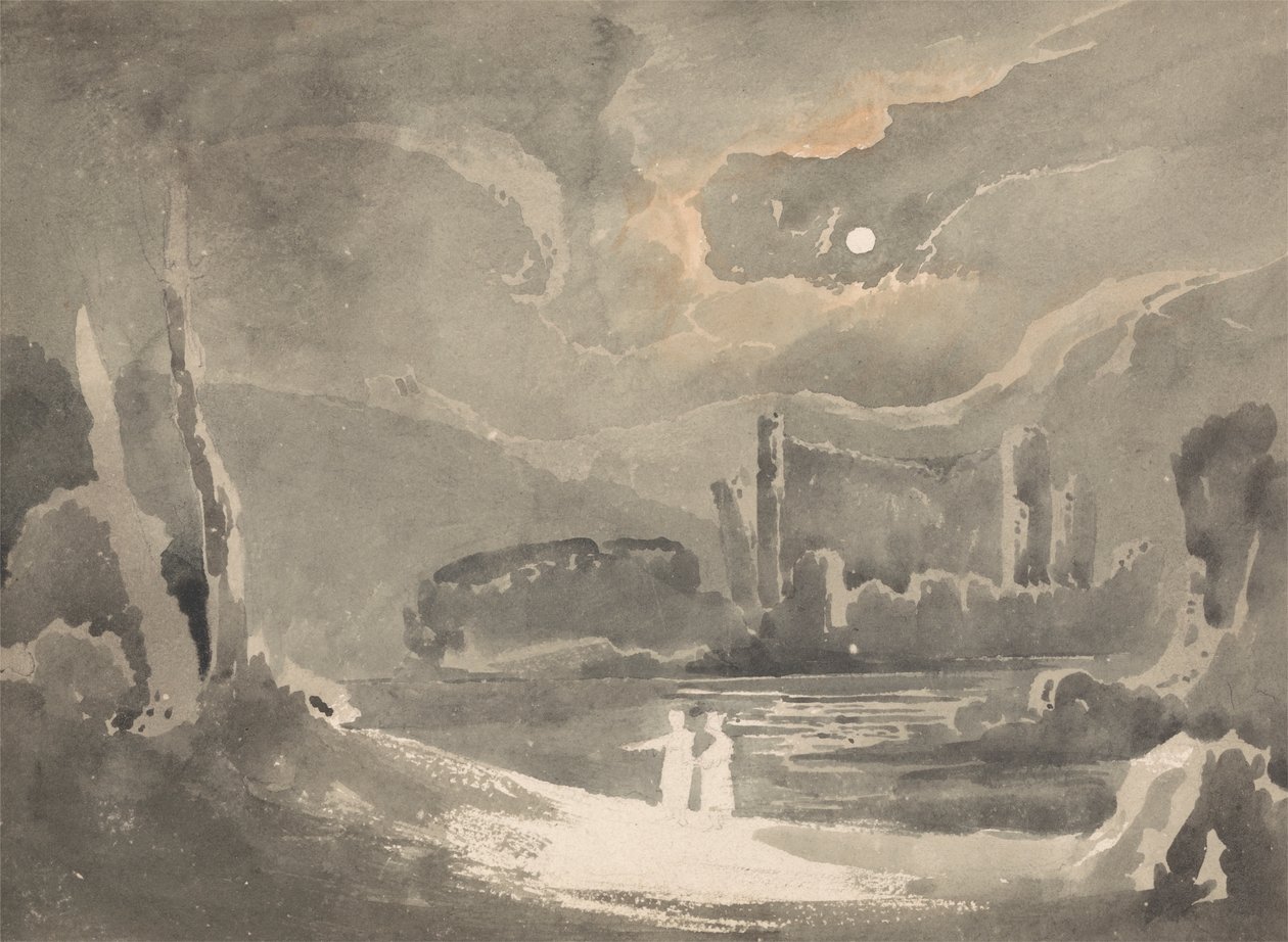 Paisagem iluminada pelo luar com um Castelo em ruínas de John Martin