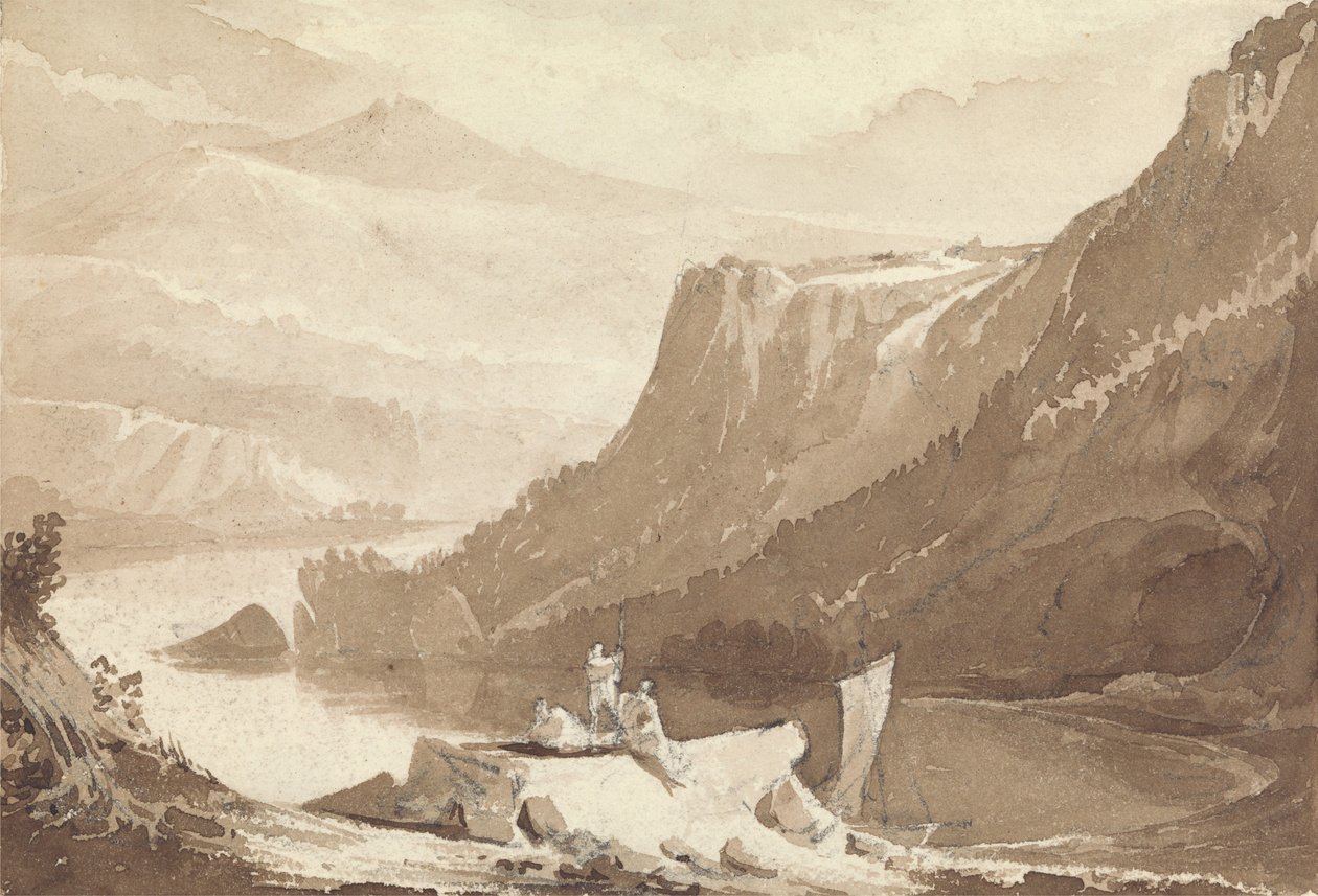 Paisagem montanhosa com figuras e uma rocha sobre um lago de John Martin