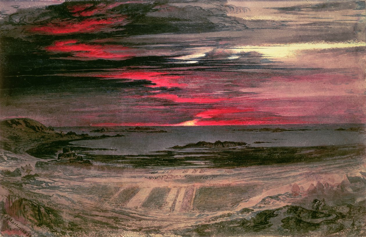 Pôr do sol sobre uma baía rochosa de John Martin