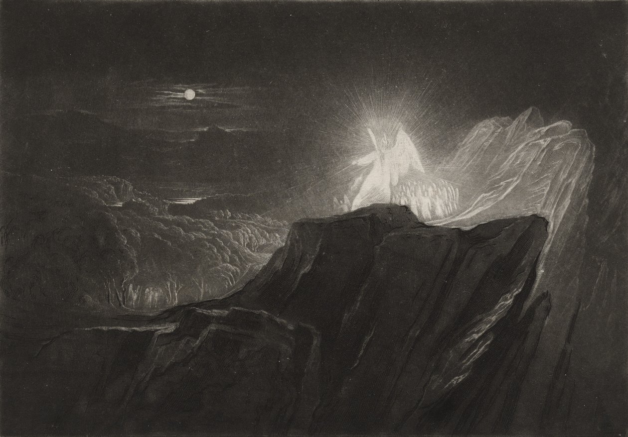 Os anjos que guardam o paraíso na noite, c.1827 (mezzotint) de John Martin