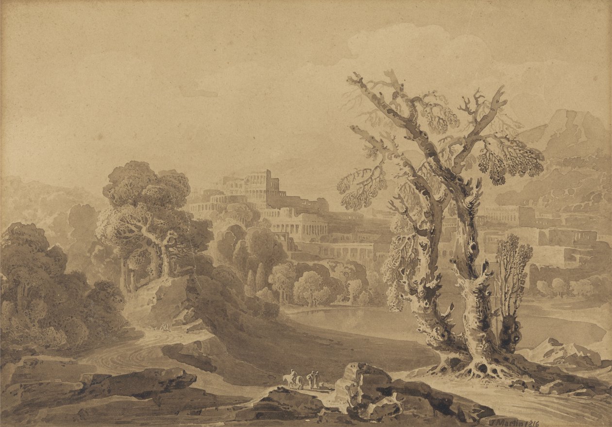 Untitled: Cidade Clássica em Paisagem, 1816 (lavar no cartão) de John Martin