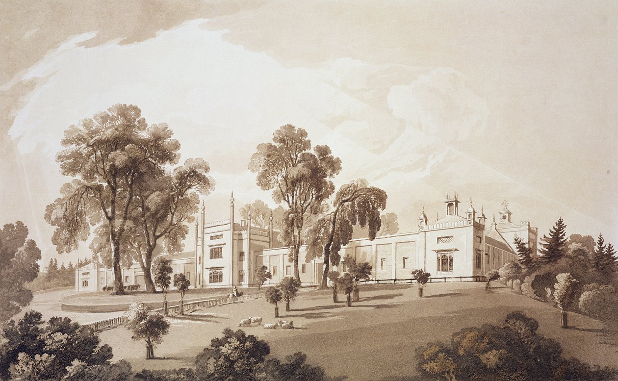 Vista da casa de fazenda com tela para estábulos e edifícios agrícolas para Sezincote House, gravada por Frederick Christian Lewis Snr. (1779-1856), c.1817-18 (sepia aquatint) de John Martin