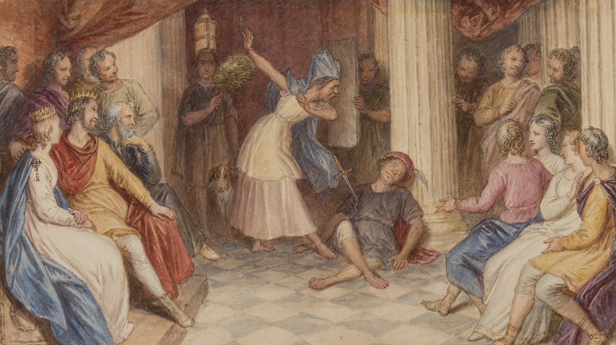 Pyramus e Thisbe, sonho das noites de verão, ato V, cena mim, c.1840 (wc no papel) de John Massey Wright