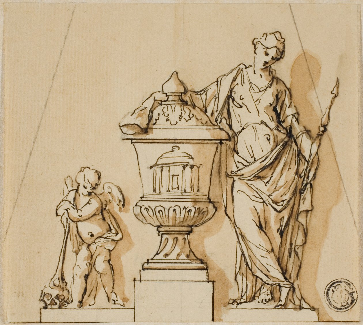 Projeto para um monumento funerário com destino, putto e urna de John Michael Rysbrack