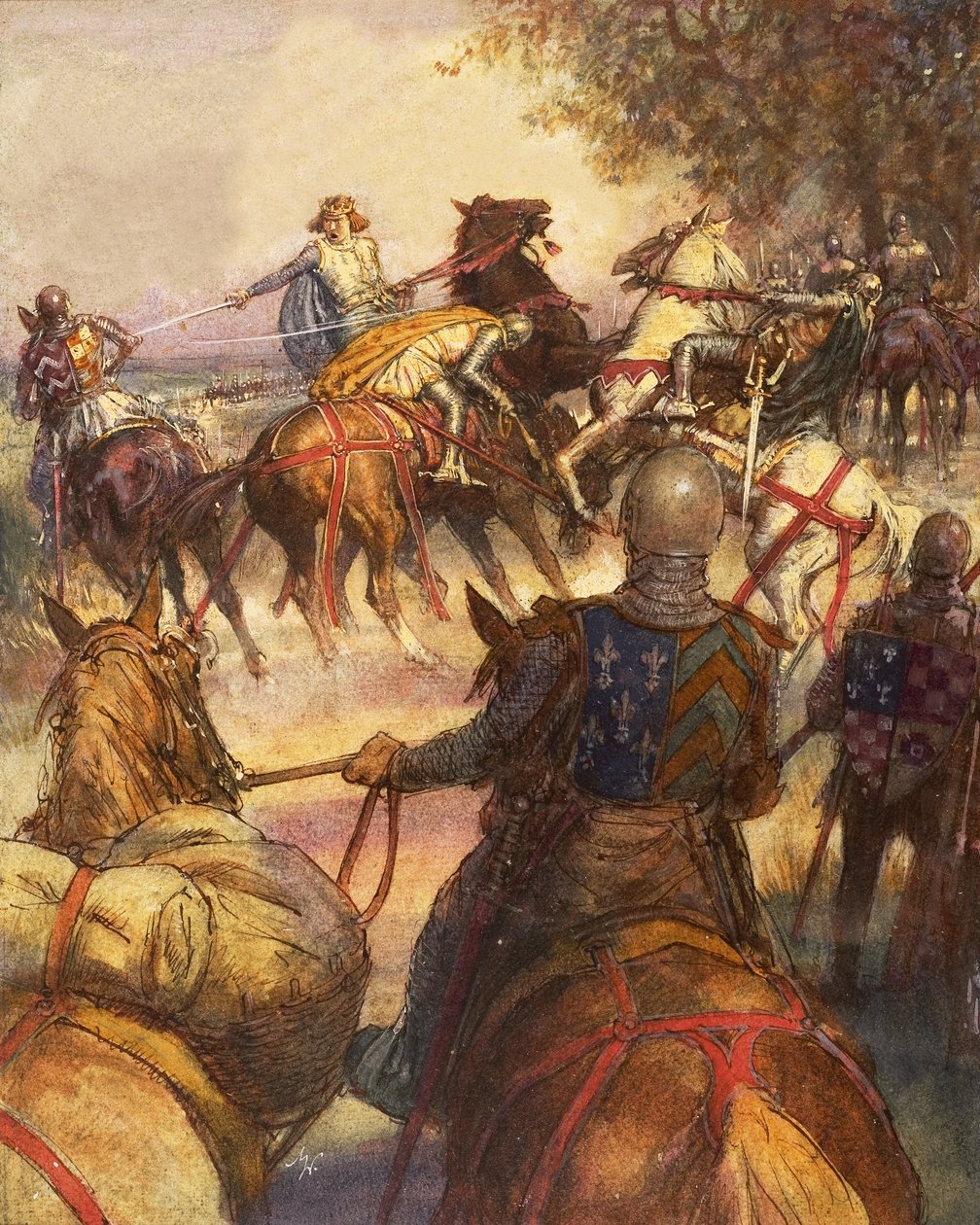 Carlos VI de França, completamente louco, ataca com a espada os seus seguidores de John Millar Watt