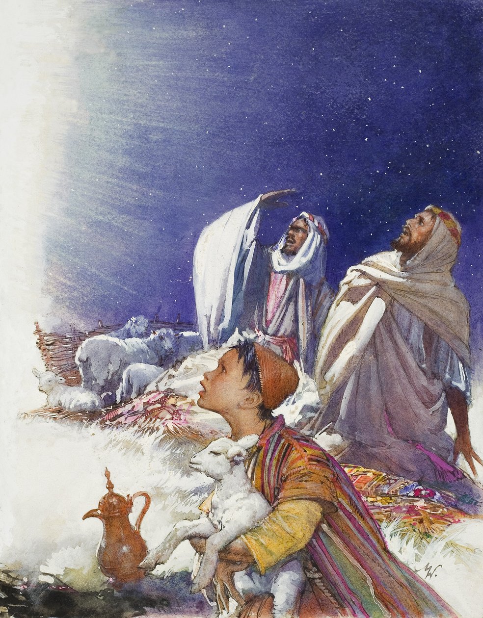 O Conto de Natal: O Conto dos Pastores (guache sobre papel) de John Millar Watt