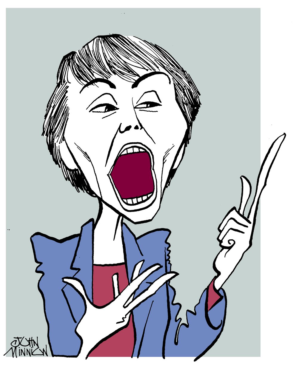 Camille Paglia - caricatura com a boca aberta de John Minnion