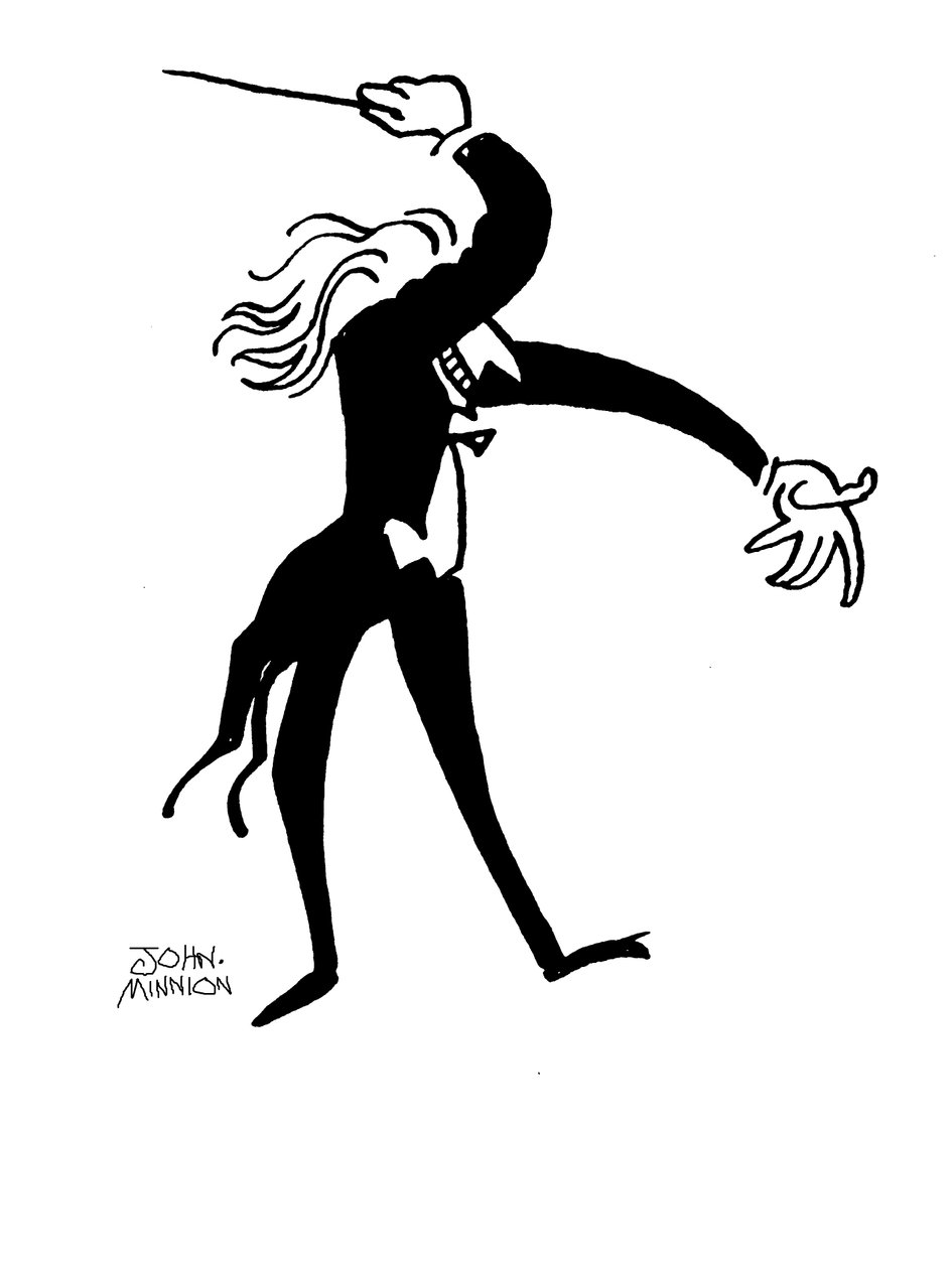 Caricatura de um maestro a conduzir dramaticamente de John Minnion