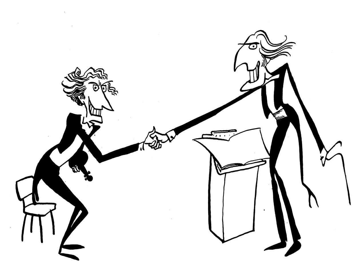 Caricatura de um maestro a cumprimentar o chefe da orquestra de John Minnion