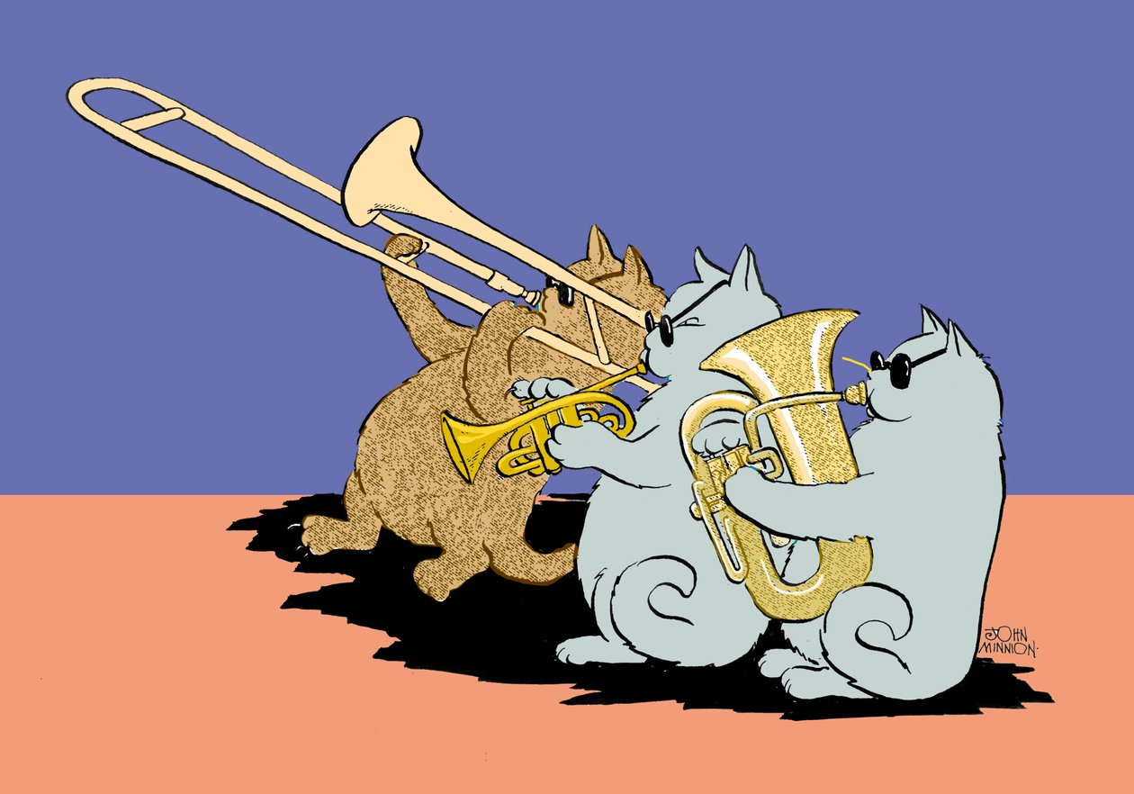 Caricatura de três gatos com óculos de sol a tocar trombone, trompete e tuba de John Minnion