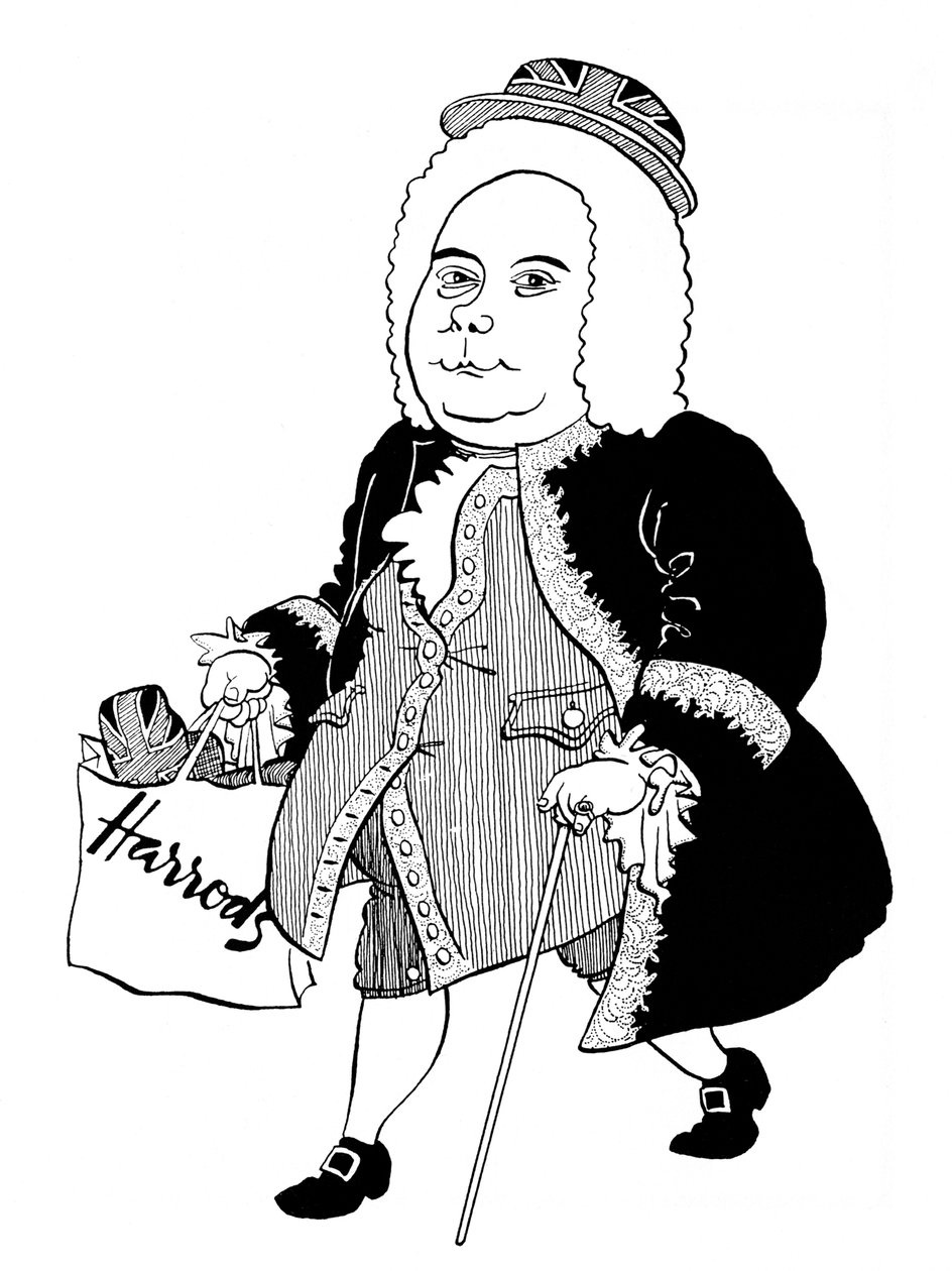 Georg Friedrich - George Frideric Handel - caricatura do compositor alemão (mais tarde inglês) com um chapéu Union Jack e uma mala Harrods de John Minnion