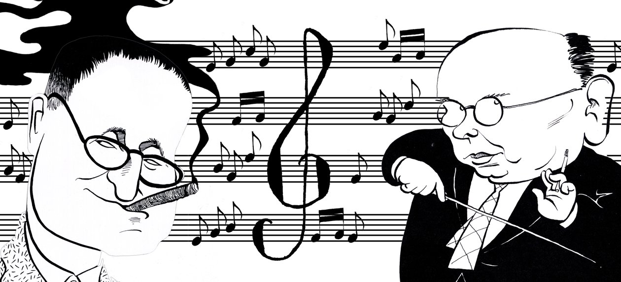Hanns Eisler e Bertolt Brecht - colagem de caricaturas de John Minnion