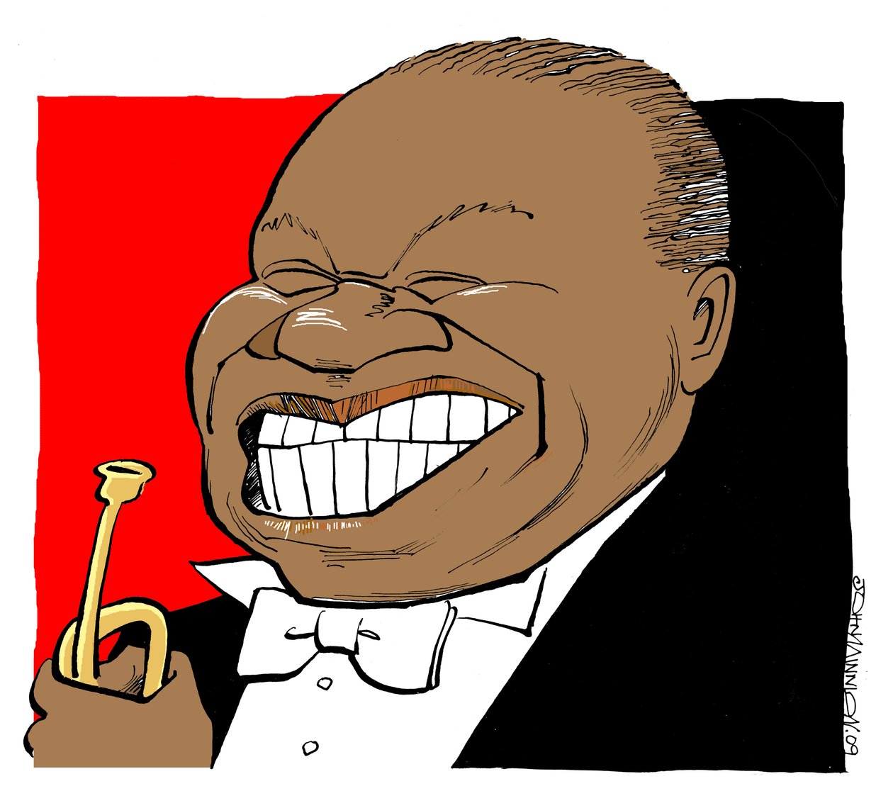 Louis Armstrong - caricatura, a tocar trompete de John Minnion
