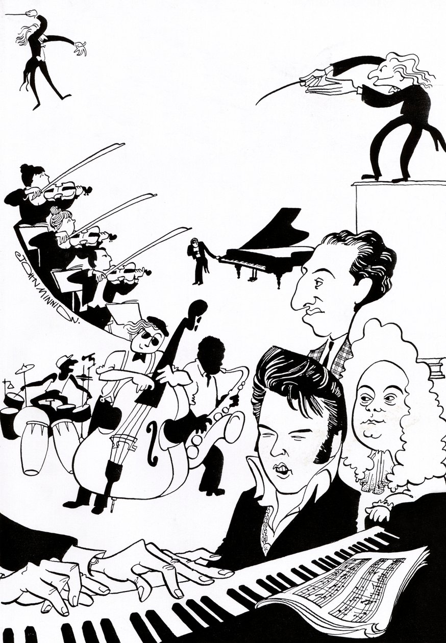 Fantasia musical - capa para livro ou artigo de música - com maestros, músicos, instrumentos, violino, bateria, contrabaixo, saxofone, piano, partitura, Elvis, Bach, de John Minnion