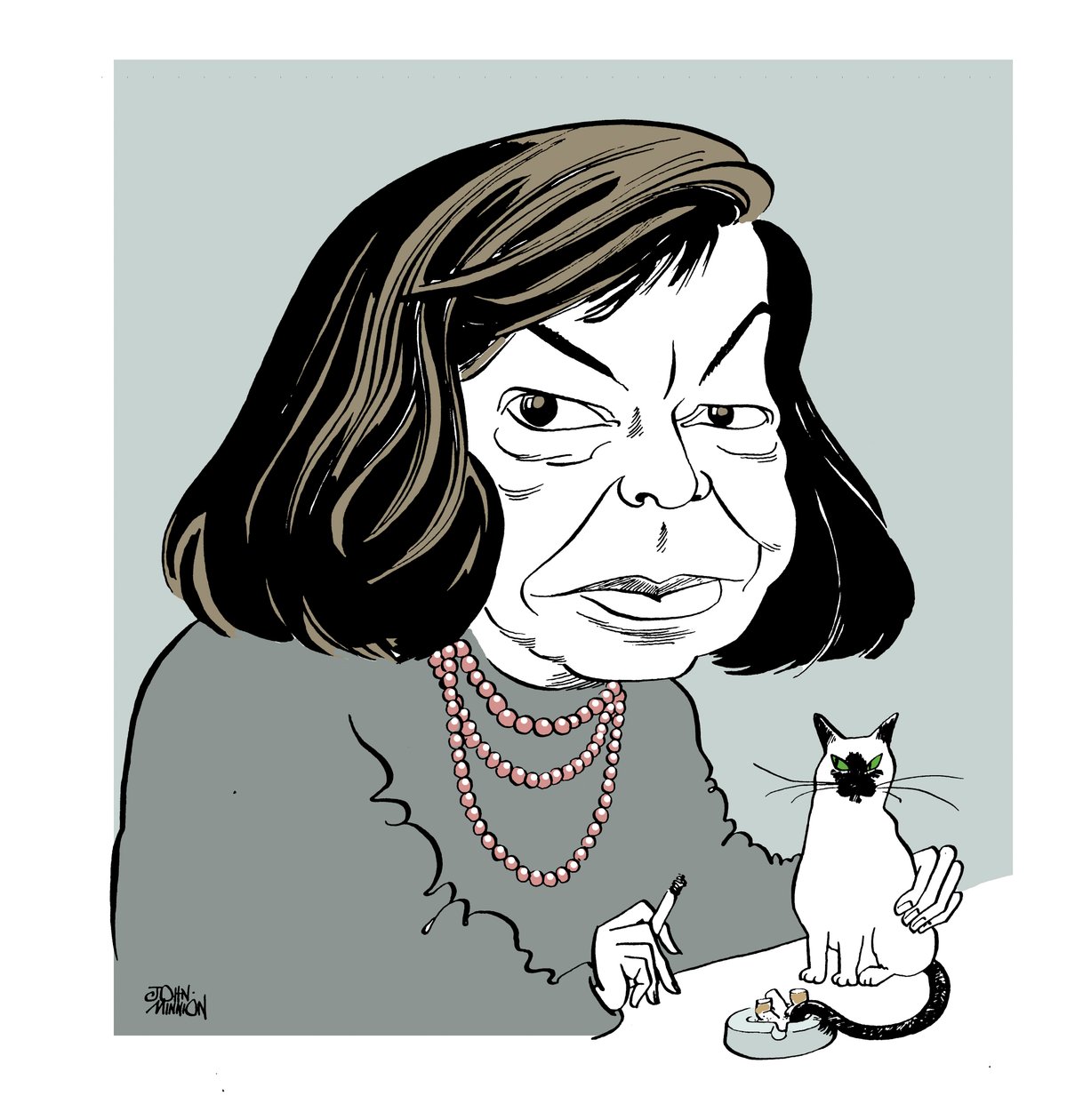 Patricia Highsmith - caricatura com o seu gato, a fumar de John Minnion