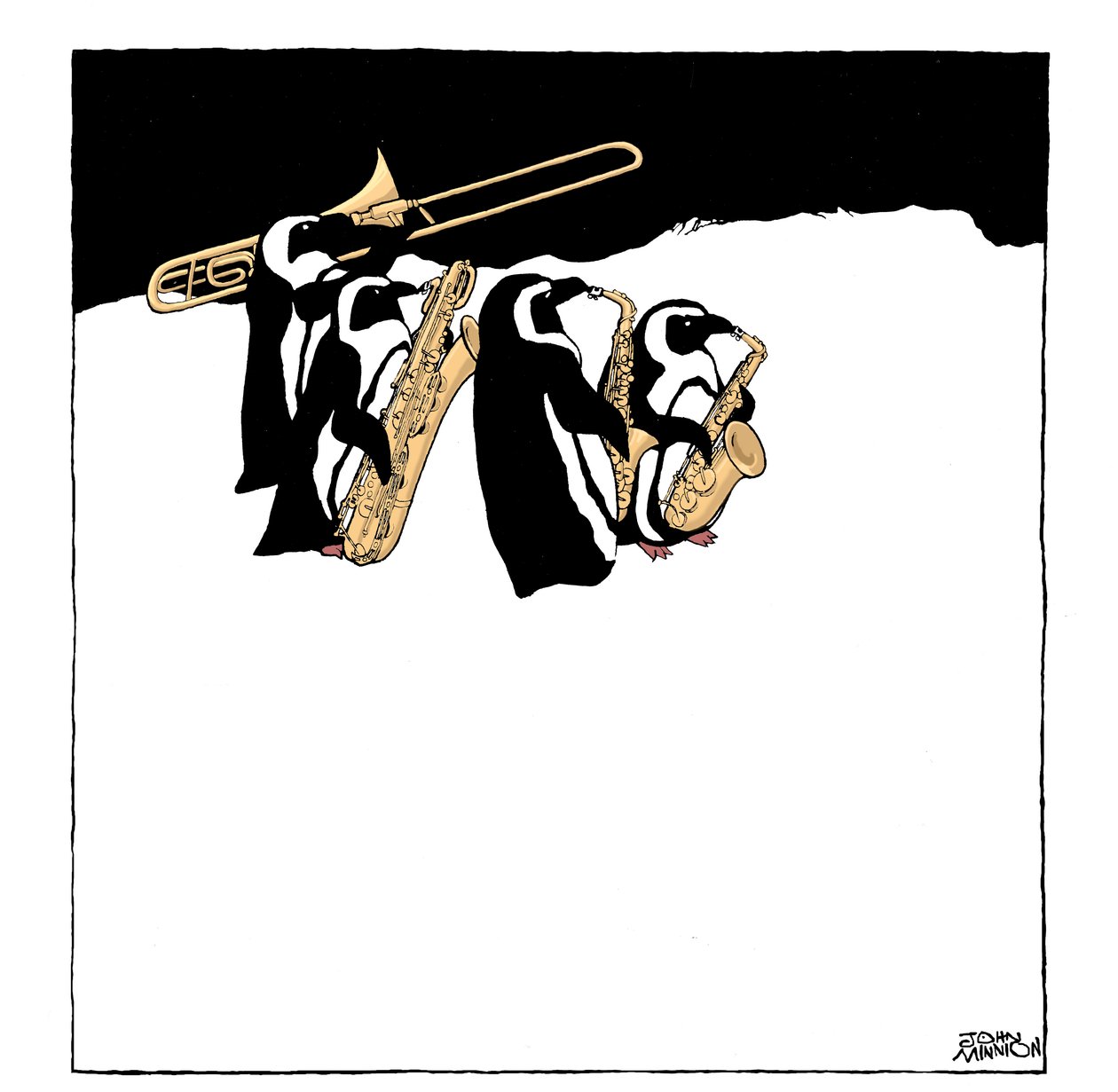 Banda de pinguins - caricatura de um grupo de pinguins a tocar instrumentos de metal - trombone e saxofones de John Minnion