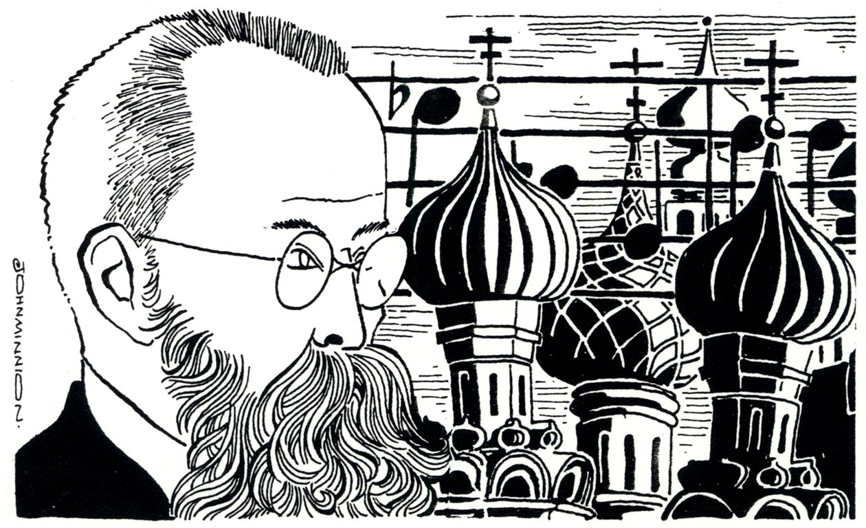 Retrato de Rimsky Korsakov (Rússia, fundo de cúpulas de igrejas) Compositor russo (1844-1908) de John Minnion