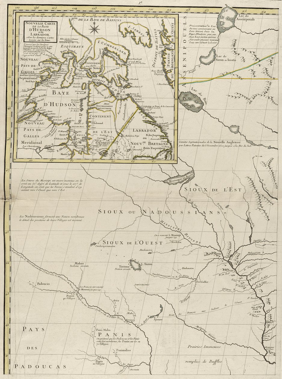 Um mapa dos domínios britânico e francês na América, 1756 (gravura com cor de contorno no papel) de John Mitchell