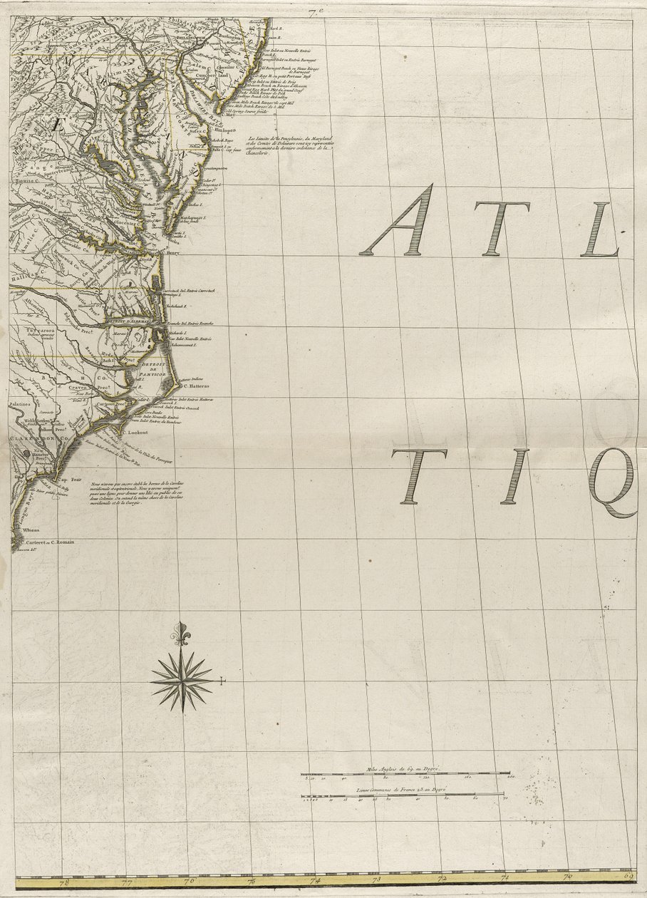 Um mapa dos domínios britânico e francês na América, 1756 (gravura com cor de contorno no papel) de John Mitchell