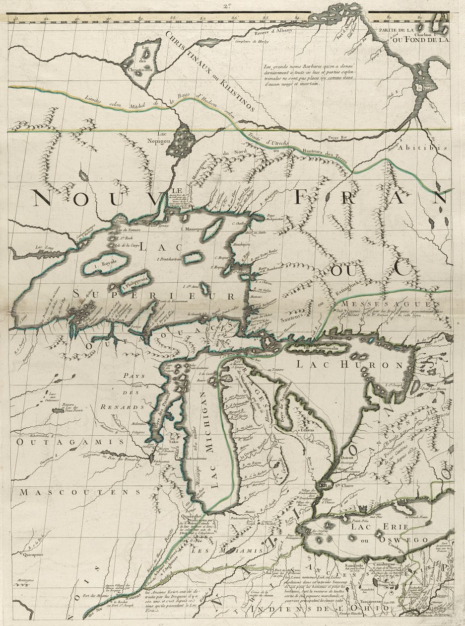 Um mapa dos domínios britânico e francês na América, 1756 (gravura com cor de contorno no papel) de John Mitchell