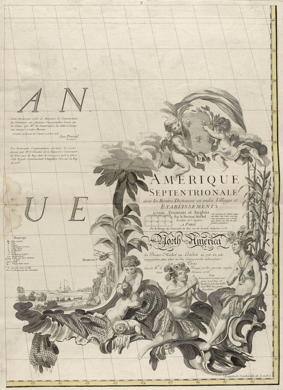 Um mapa dos domínios britânico e francês na América, 1756 (gravura com cor de contorno no papel) de John Mitchell