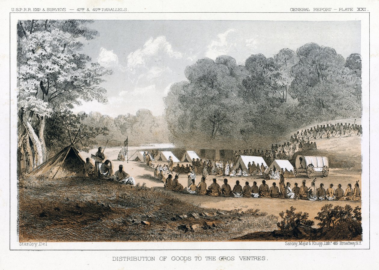 Distribuição de mercadorias para o Gros Ventres, pub. 1860 de John Mix Stanley