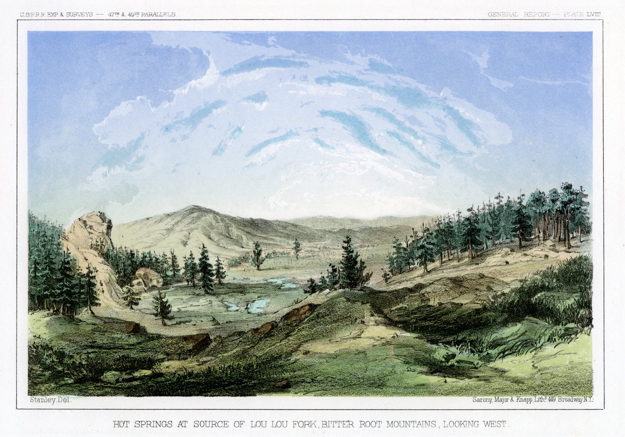Hot Springs em sua fonte em Lou Lou Fork, montanhas de Bitterroot, Montana, EUA, 1856. de John Mix Stanley