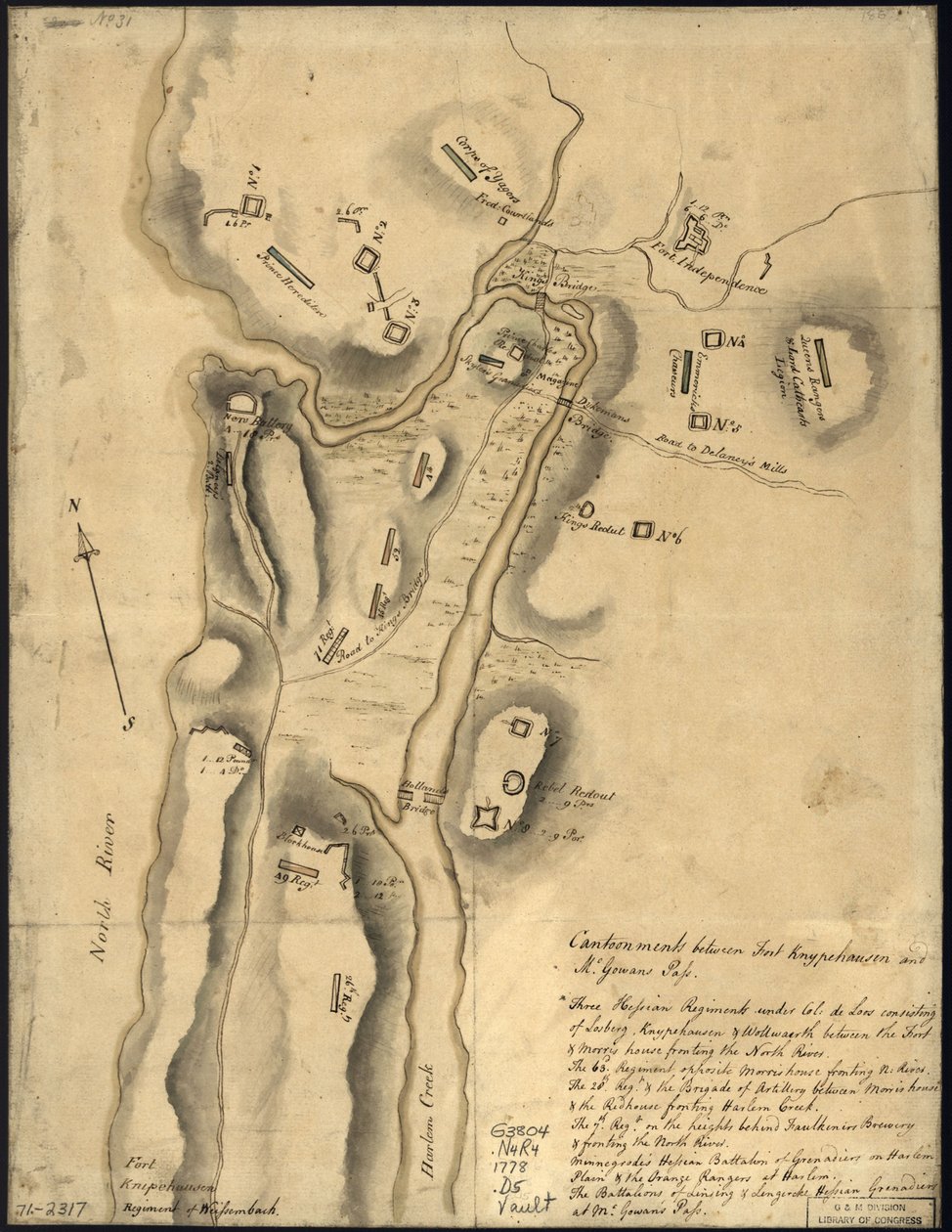(Disposição das tropas britânicas, com fortificações a norte do Forte Knipehausen, ou seja, do Forte Washington ao Forte Independence. LOC gm71002317 de John Montresor