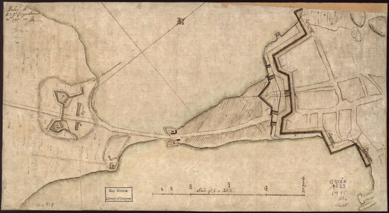 (Plano do "Neck" e fortificações) Entregue a H.E. Gl. Gage, 30 de junho. 1775.-J.M. LOC gm71000918 de John Montresor