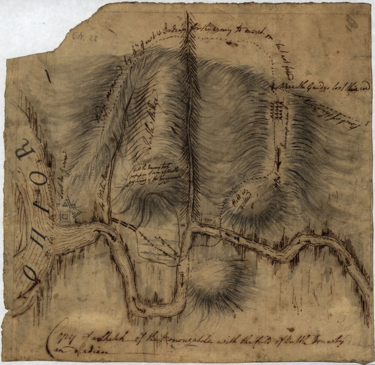 Cópia de um esboço do Monongahela, com o campo de batalha, LOC gm71002314 de John Montresor