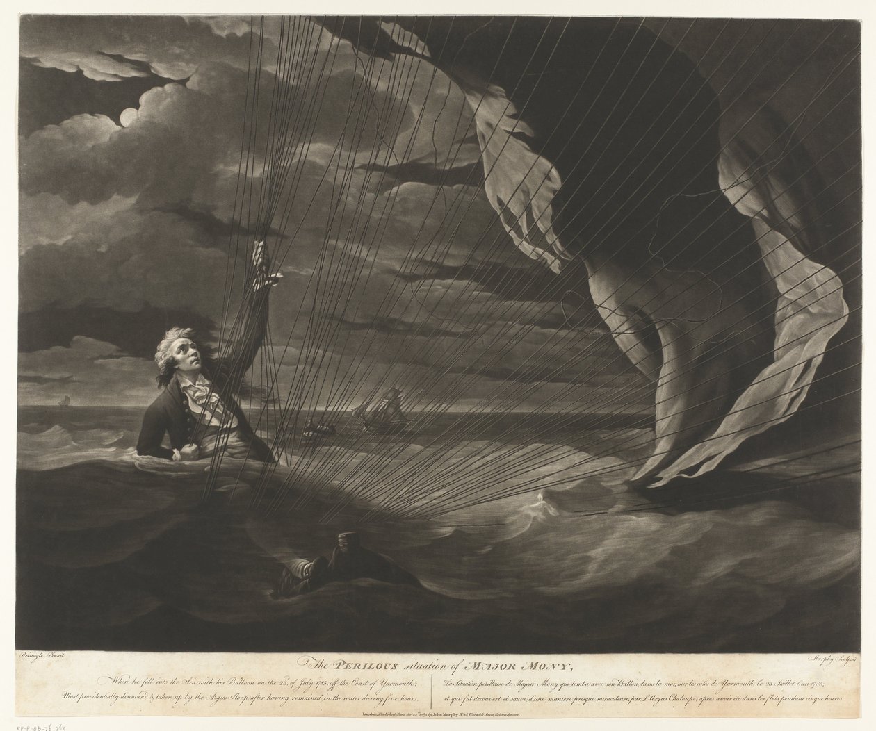 John Money com seu balão caiu no mar A Situação Perigosa do Major Mony, 23 de julho de 1785 (título no objeto) de John Murphy