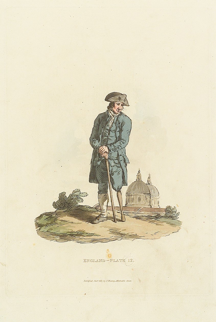Inglaterra - Placa 12". Um reformado de Greenwich com uma perna de pau apoiada num pau (aquatint) de John Murray