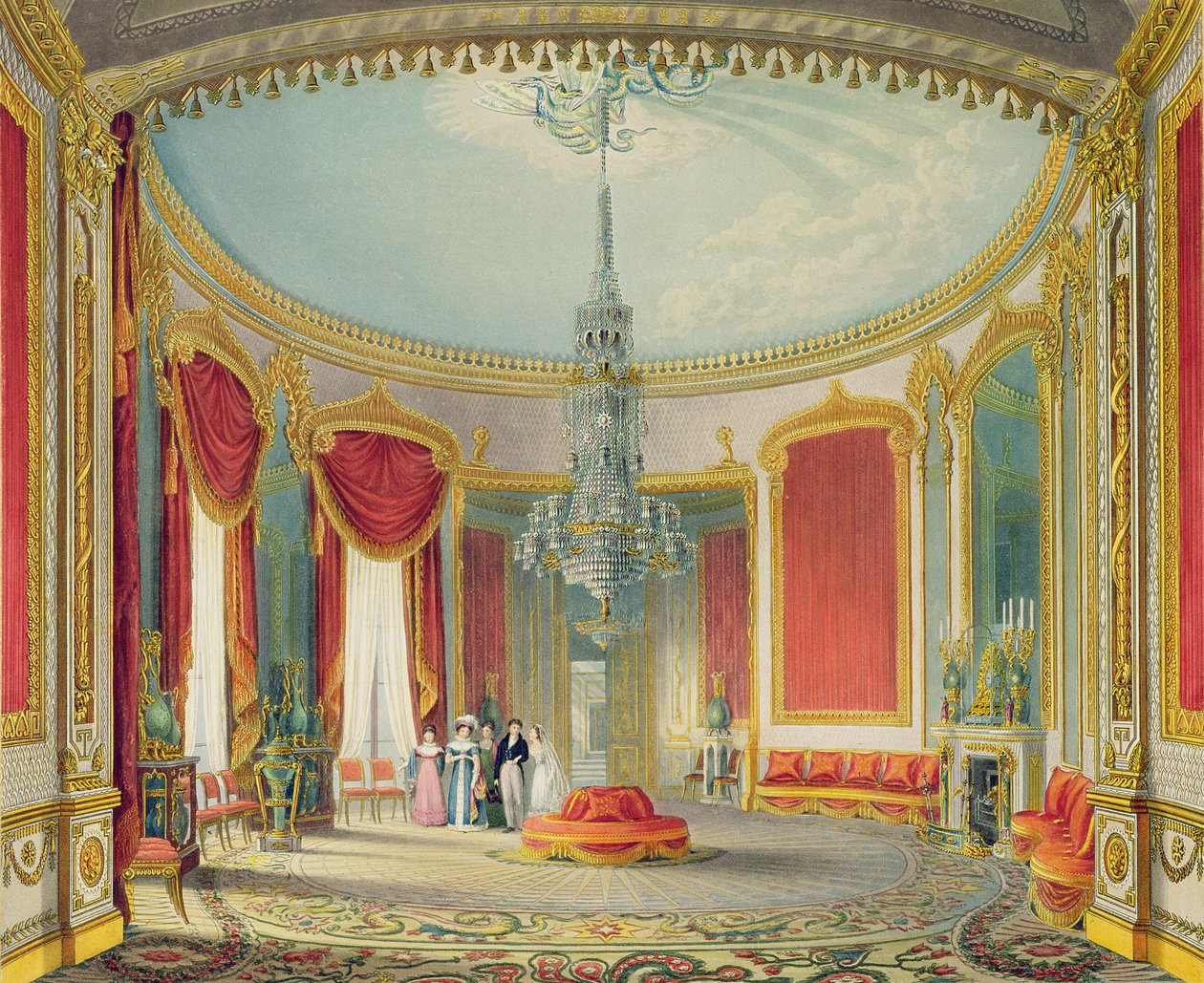 O salão em sua fase final de vistas do pavilhão real, Brighton por John Nash, 1826 (impressão) de John Nash
