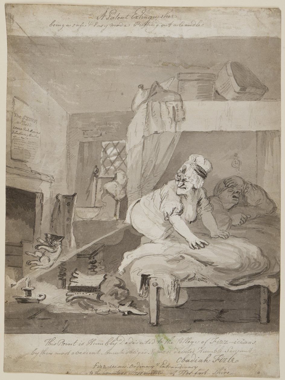 Um extintor de patentes, sendo um modo seguro e fácil Colocando uma vela, 1801 (caneta, pincel e tinta no papel) de John Nixon