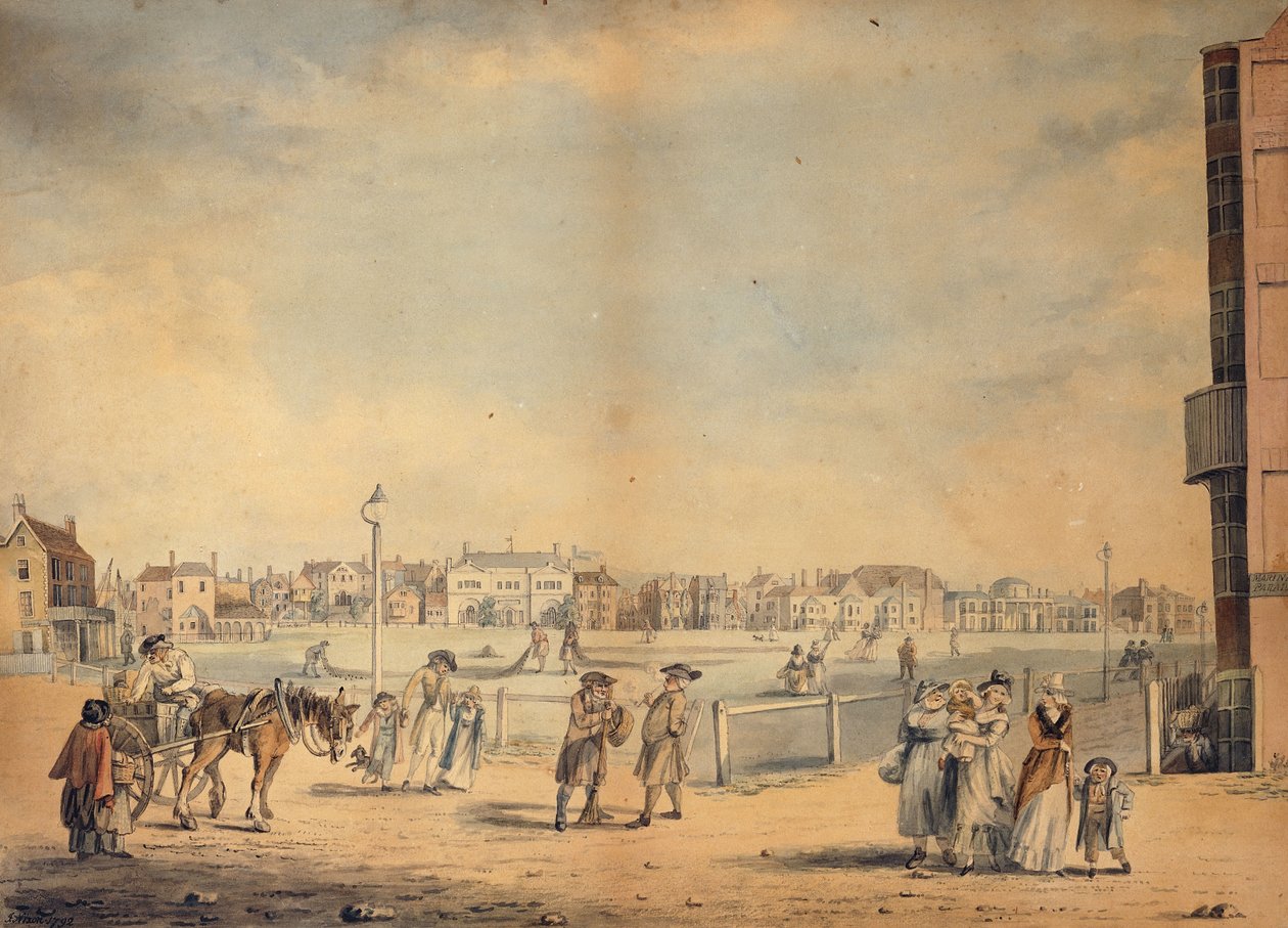 Brighton, mostrando a Biblioteca de Miss Widgett, a Marlborough House, o Castle Inn and Assembly Rooms e o Marine Pavilion, 1792 de John Nixon