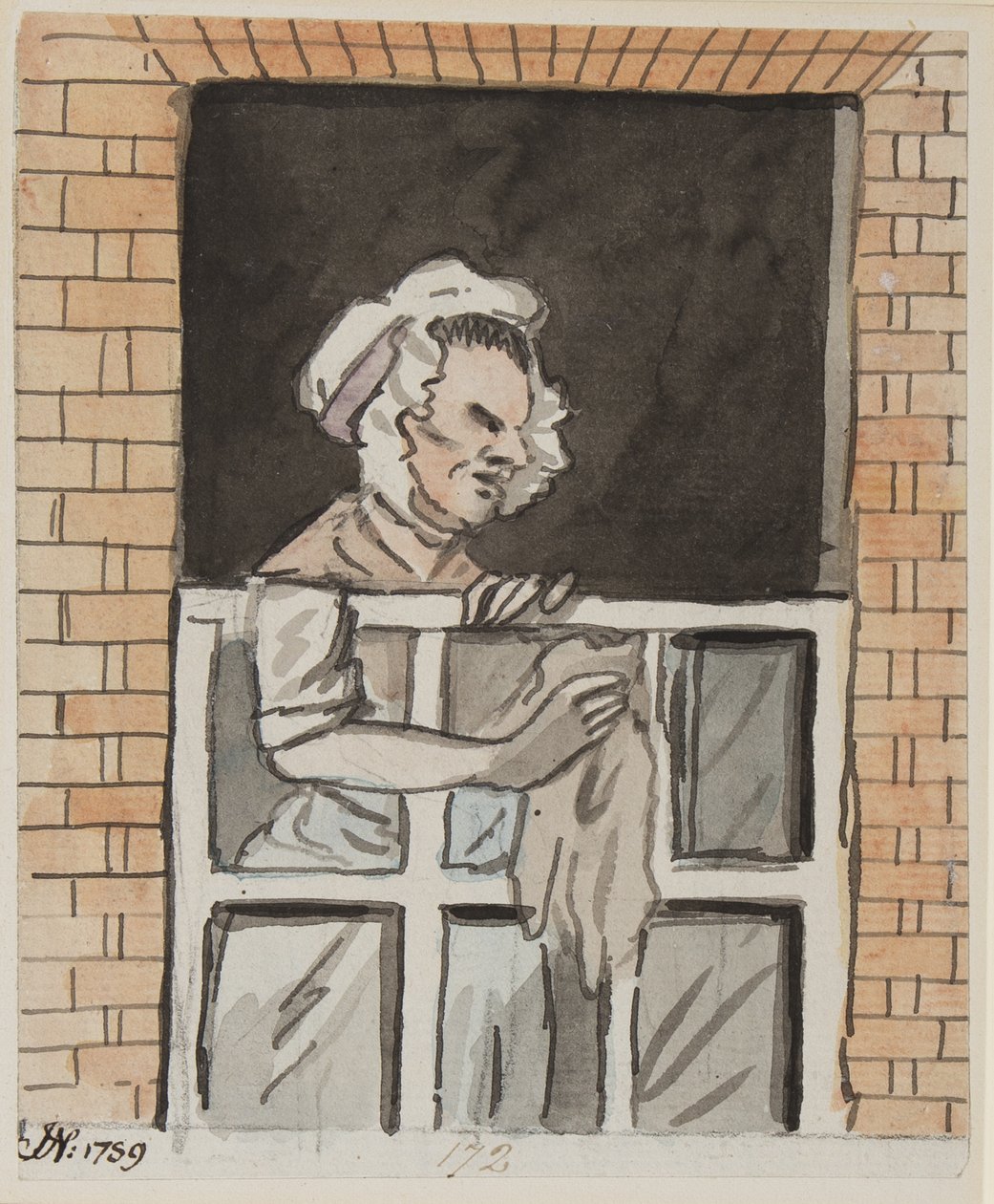 Maid limpeza janela, 1789 (tinta e wc no papel) de John Nixon