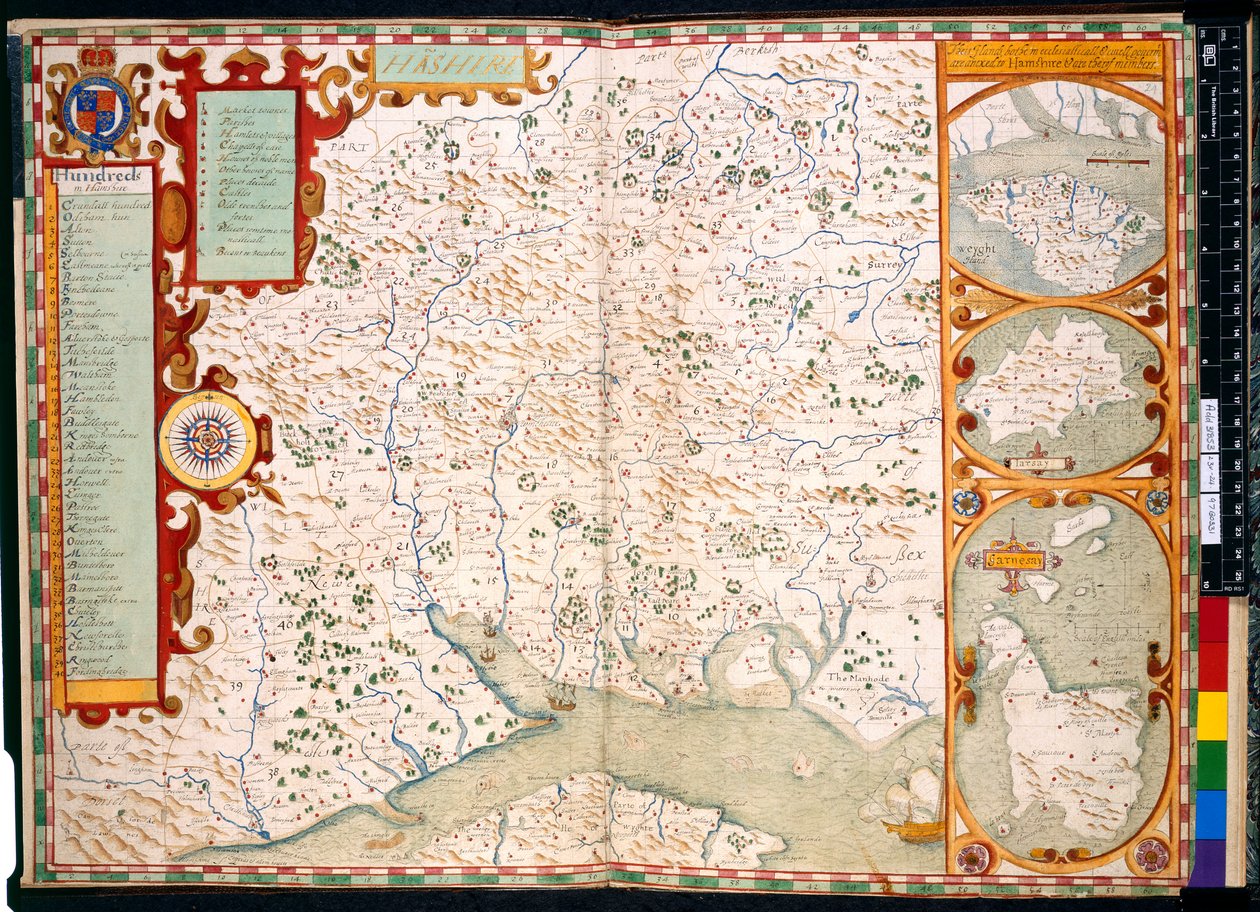 Adicionar. 31853, ff.23-24, Southampton, Hampshire: Descrição de, por J. Norden, com mapa: 1595 (gravura colorida) de John Norden
