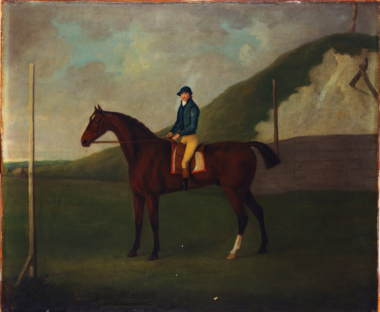 "Creeper", um potro da baía com jóquei no posto de largada na brecha de corrida na vala do diabo, Newmarket de John Nott Sartorius