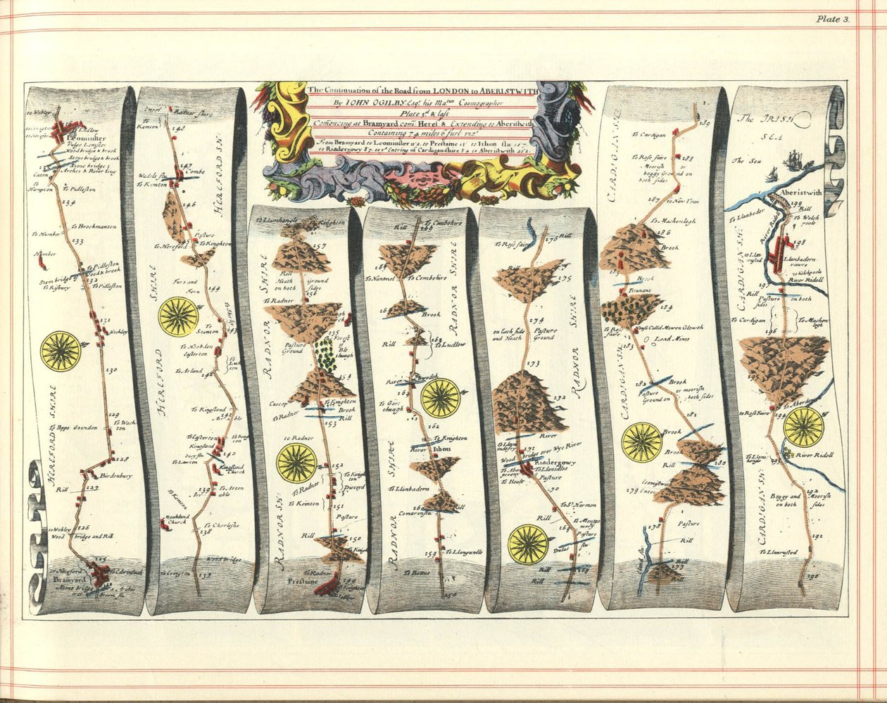 Britannia Atlas: A continuação da estrada de Londres para Aberystwyth, 1675 de John Ogilby