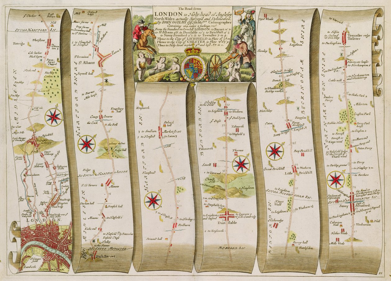 A estrada de Londres para Holy-Head (gravura a cores) de John Ogilby