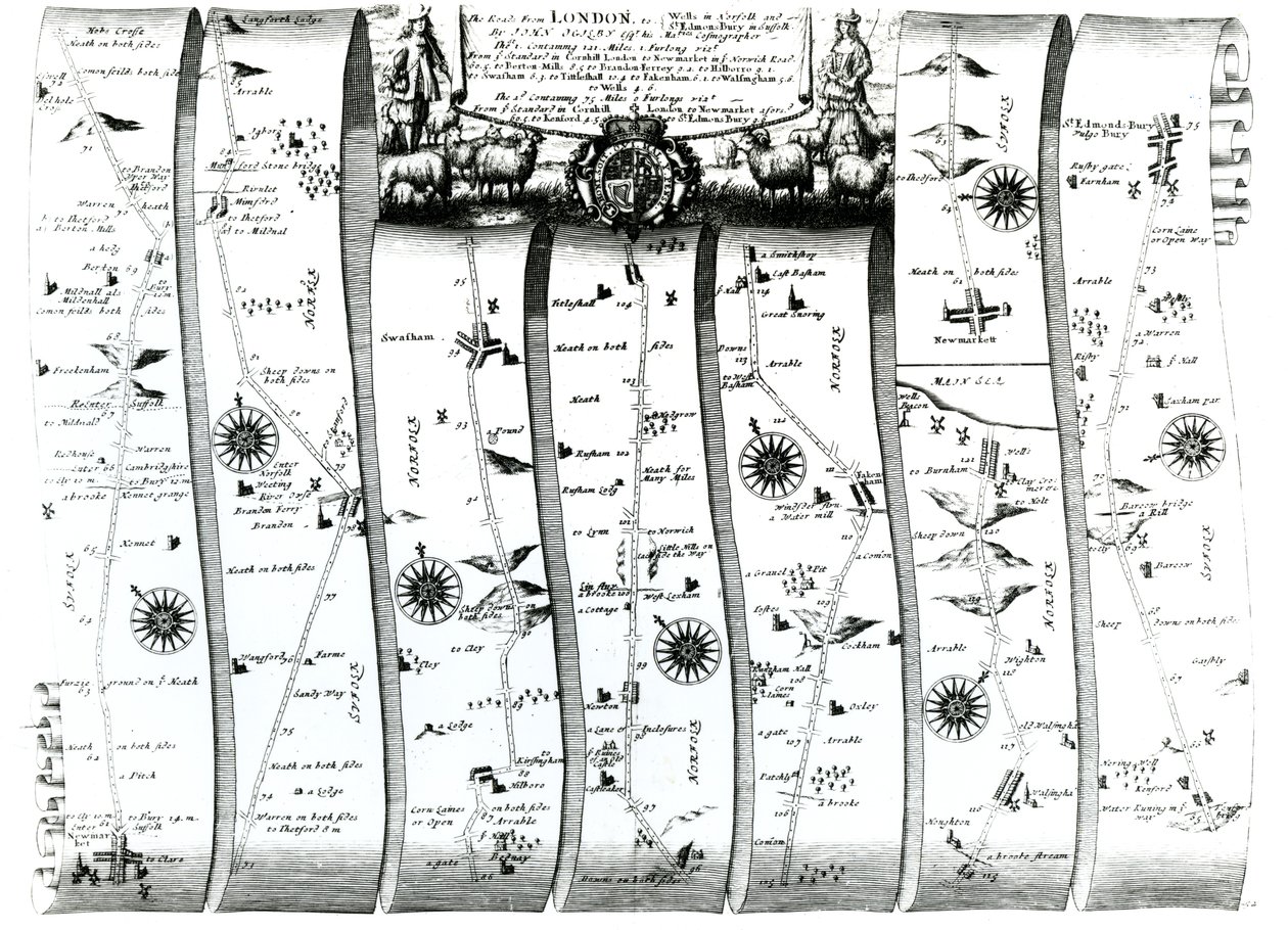 A estrada de Londres para Wells e Bury St. Edmunds, de &39;Britannia&39; de Ogilby, 1675 (gravura) de John Ogilby