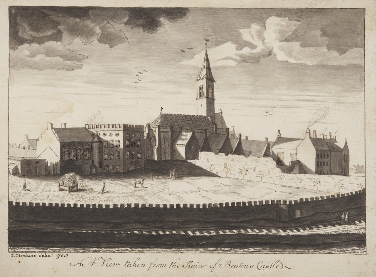 St Andrews Delineado - Uma vista tirada das Ruínas do Castelo de Beatons (caneta e papel) de John Oliphant